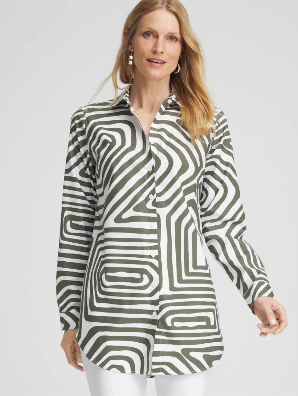 Chico's No Iron Stretch Abstract Long Sleeve Button Down Tunic Like New
